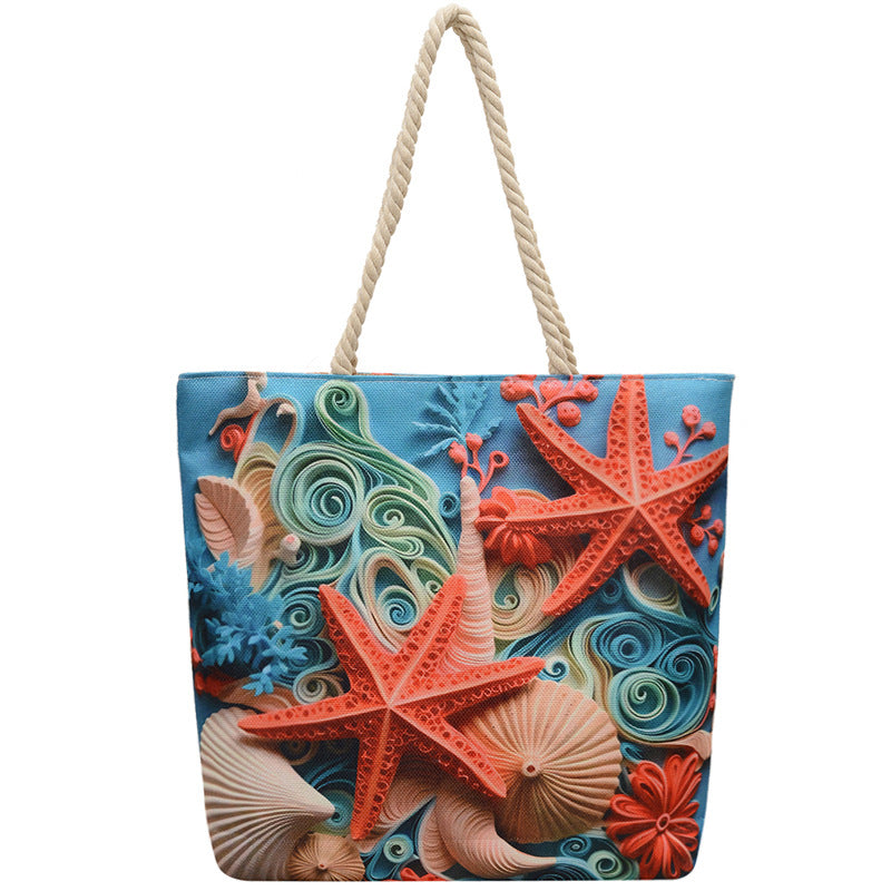 Double-sided Beach Imitation Linen Hot Printed Pattern Large Capacity Canvas Women's Shoulder Bag