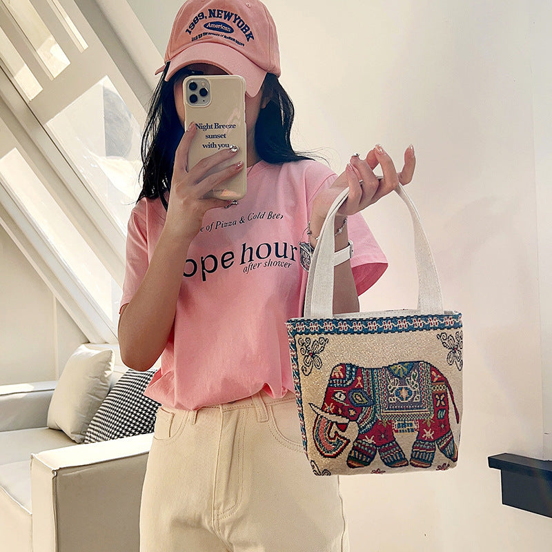 Women's Ethnic Style Elephant Embroidery Woven Flower One Women's Shoulder Bag