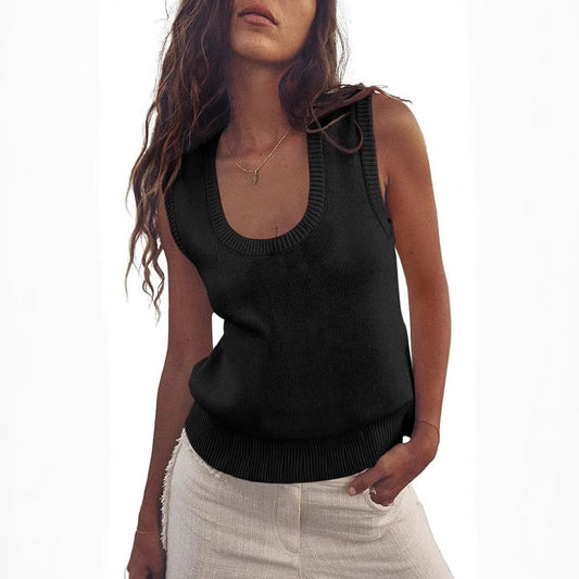 Women's Sleeveless Rib Knitted Out Leisure Basic Knitwear