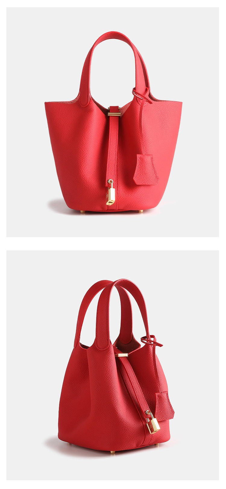 Layer Cowhide Lychee Pattern Solid Color Bucket Bags