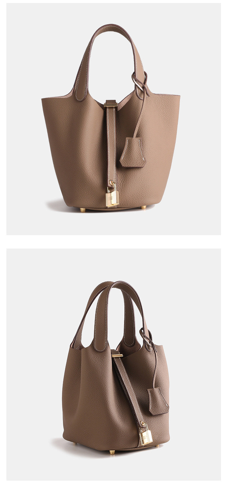 Layer Cowhide Lychee Pattern Solid Color Bucket Bags