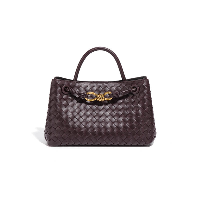 Women's Design Metal Cord Fastener Authentic Leather Weave Portable Shoulder Bags