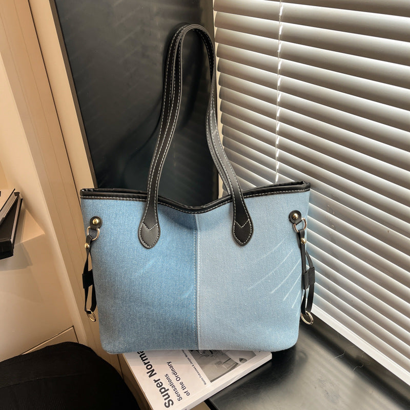 Women's Large Capacity Fashionable Denim Stitching Contrast Color Shoulder Bags
