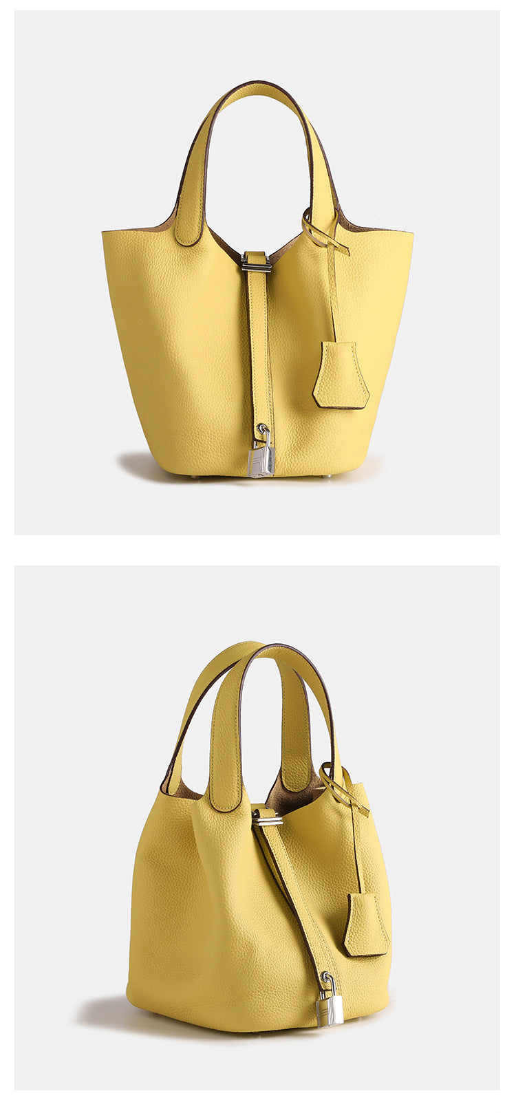 Layer Cowhide Lychee Pattern Solid Color Bucket Bags