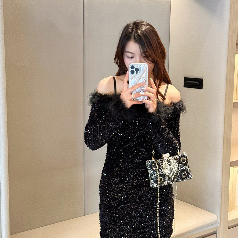 Women's Diamond Black Gem Pearl Rhinestone Cheongsam Handbags