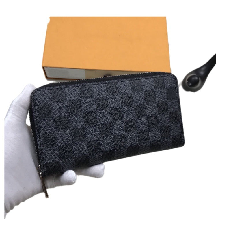 Unisex Long Single Zipper Printed Plaid Bags