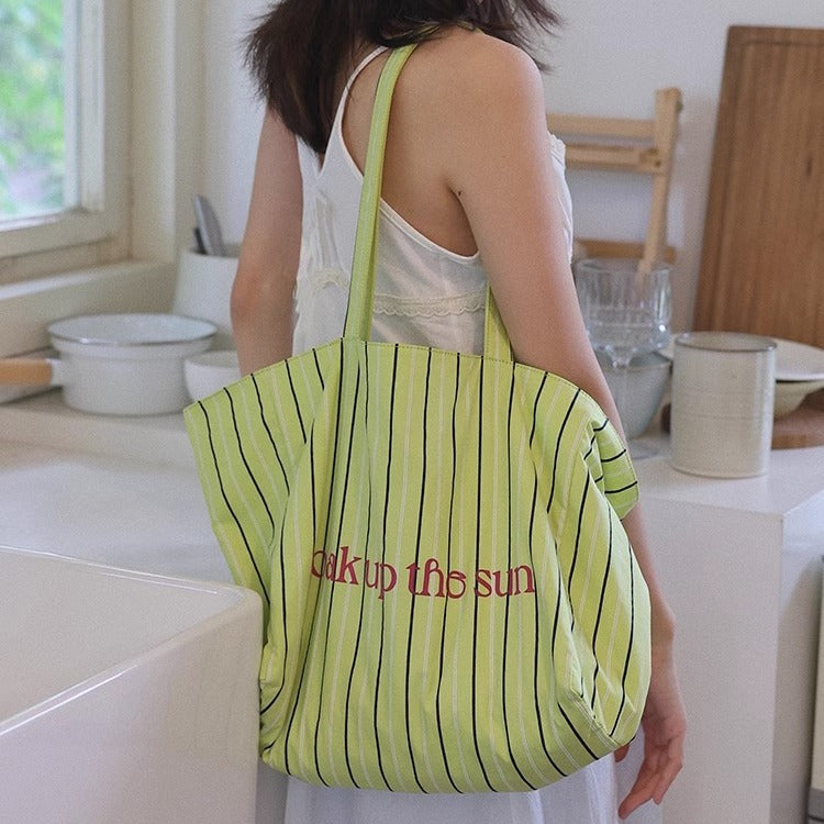 Women's Korean Fashion Striped Canvas Large Capacity Totes Shoulder Bags