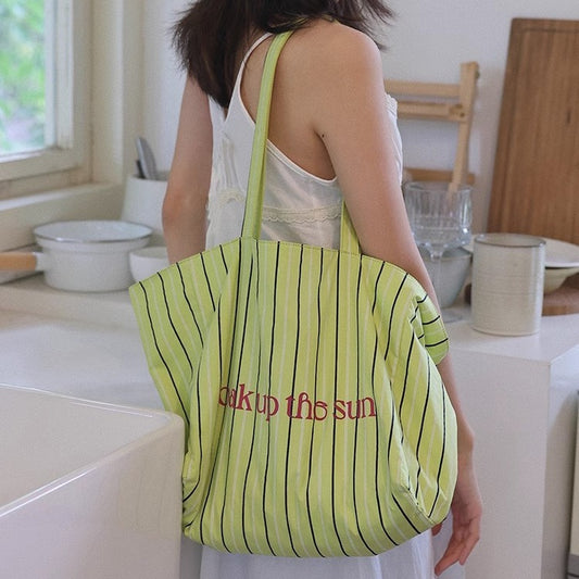 Women's Korean Fashion Striped Canvas Large Capacity Totes Shoulder Bags