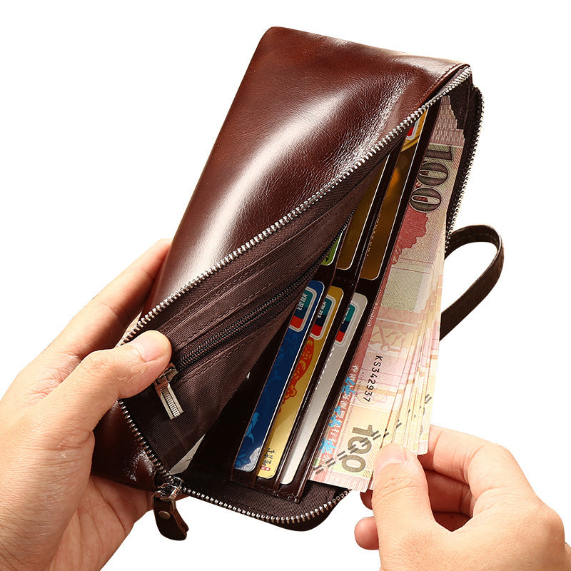Men's Wax Leather First Layer Cowhide Zipper Men's Wallets