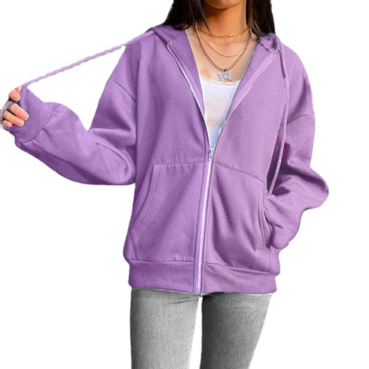 Women's Solid Color Hooded Fleece-lined Long-sleeved Loose Sweaters