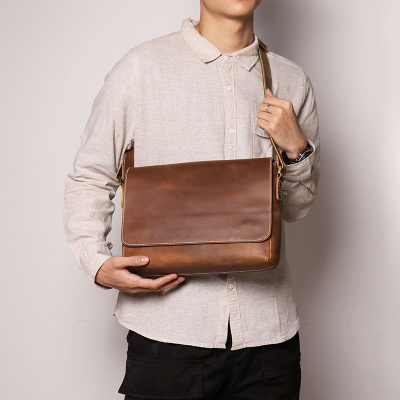 Men's Retro Handmade Cowhide Crazy Horse Leather Men's Messenger Bags