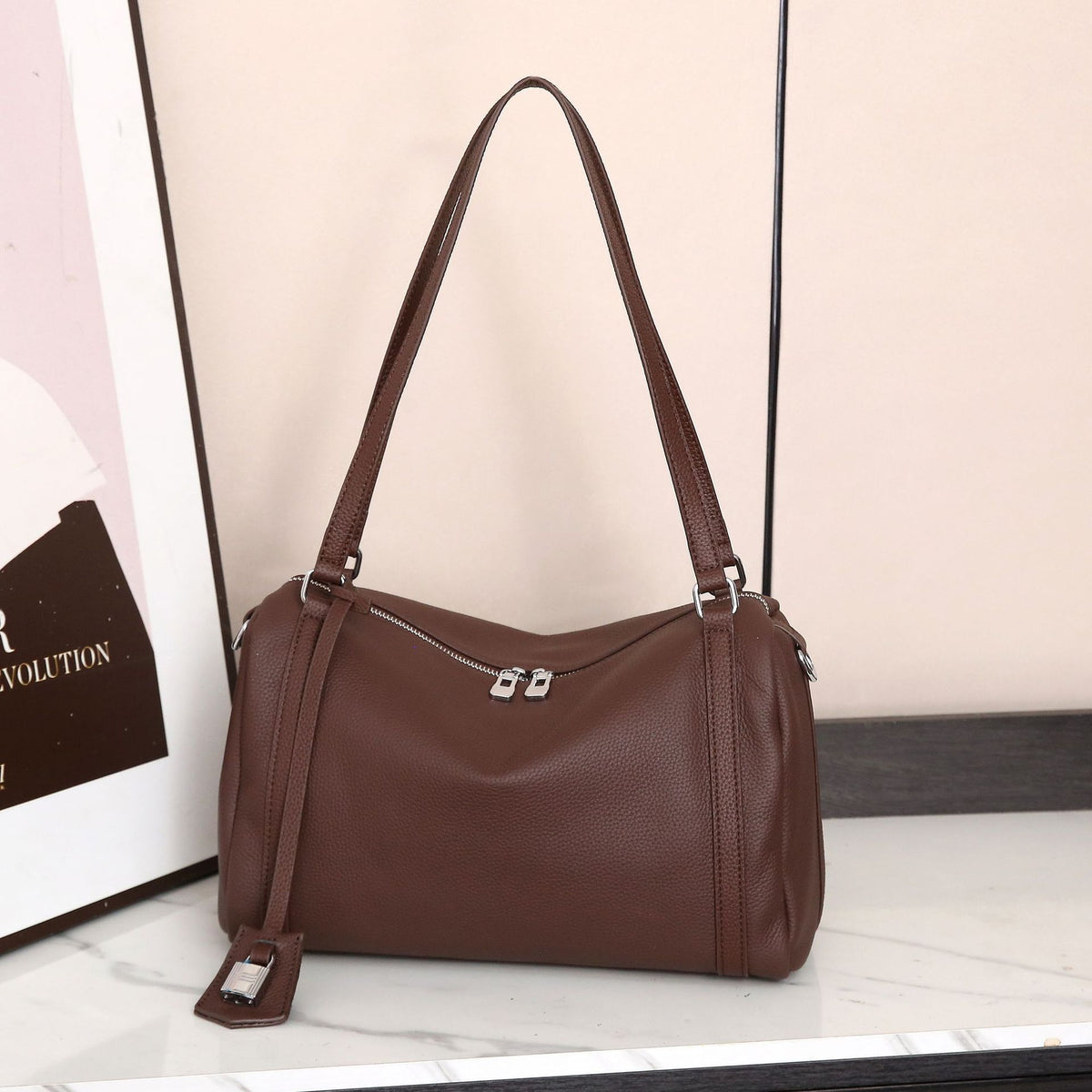 First Layer Cowhide Lady's Portable Boston Pillow Shopping Solid Color Bags