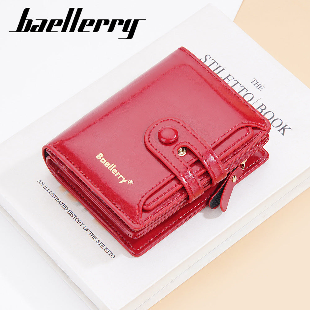 Women's Short Glossy Oil Wax Leather Multiple Slots Purses