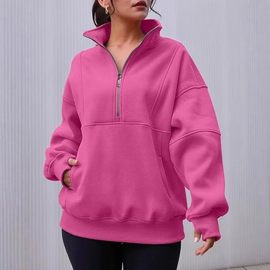 Women's Zipper Patchwork Pocket Brushed Hoody Loose Sweaters
