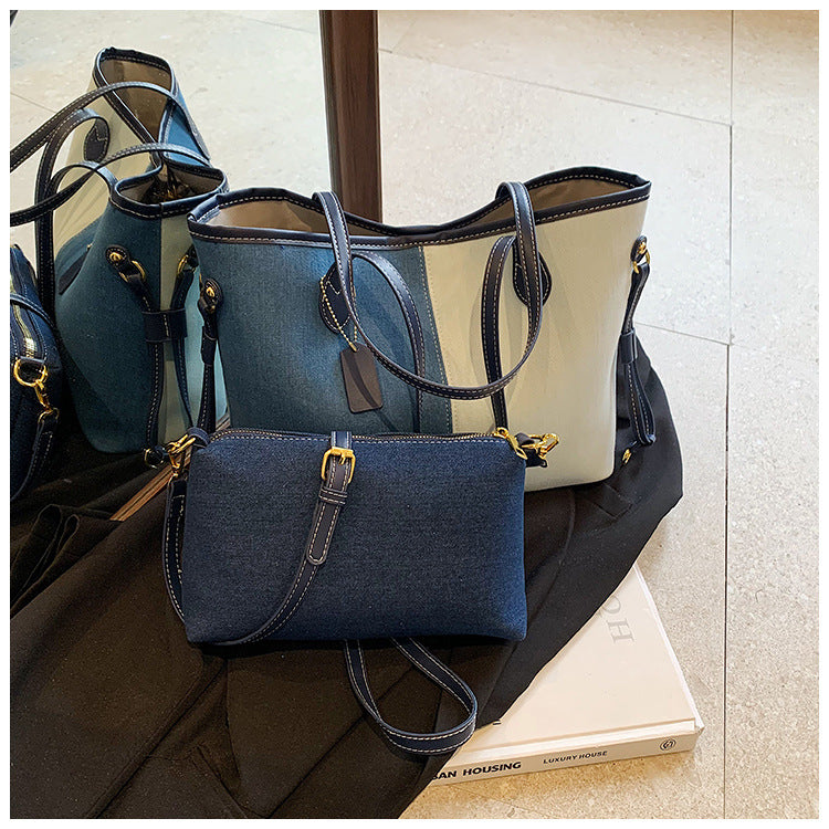 Women's Large Capacity Denim Fashion Stitching Contrast Shoulder Bags