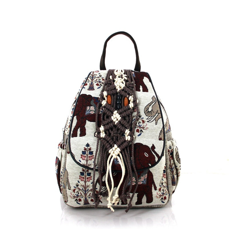 Layer Zipper Elephant Cotton Linen Retro Backpacks