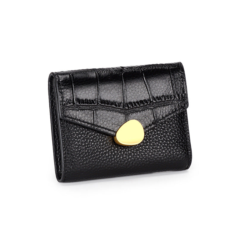 Women's Leather Short Cowhide Crocodile Pattern Three Folding Ladies Wallets