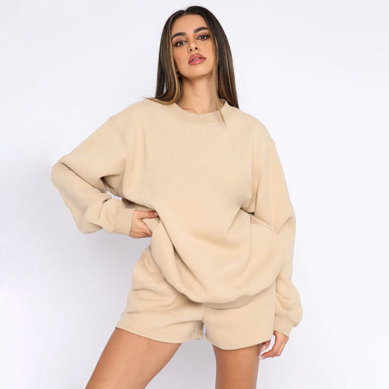 Women's Solid Color Round Neck Pullover Long Shorts
