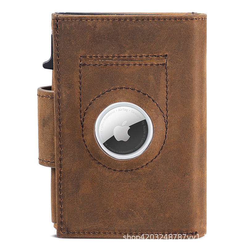 Men's Automatic Pop-up Tracking Clamp Genuine Leather Cassette Card Holder