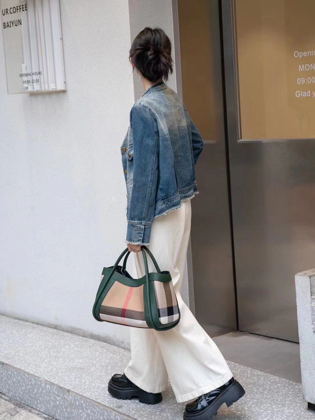 Genuine Leather Plaid Canvas Live Streaming Handbags