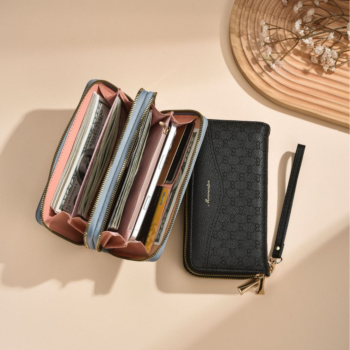 Women's Long Retro Double Zip Clutch Large Phone Bags