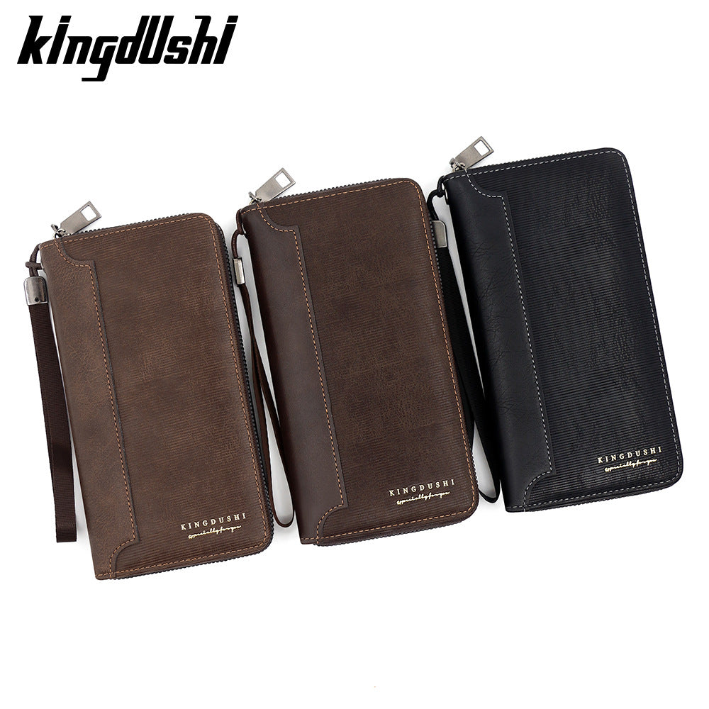 Men's Long Simple Leather Patchwork Clutch Mobile Card Holder