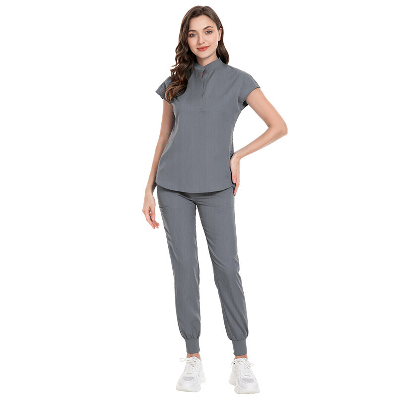 Color Medical Scrubbing Nursing Trousers Elastic Stand Collar Jogging Uniform