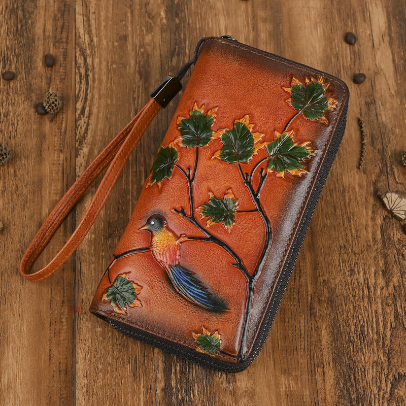 Women's Tanned Leather Long Embossed Swiping Clutch Fashion Ladies Wallet