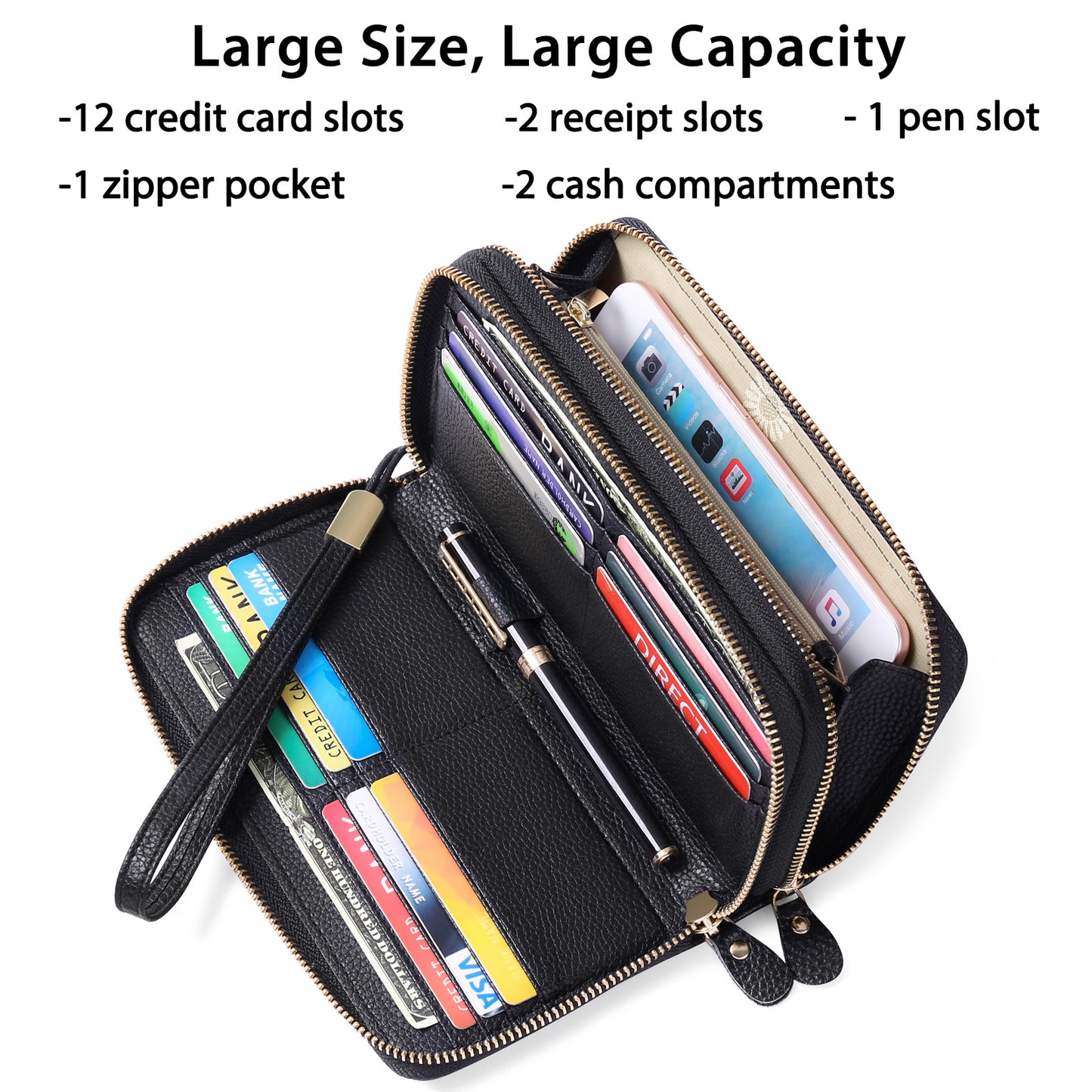 Women's Layer Cowhide Double Zip Clutch Trendy Ladies Wallets