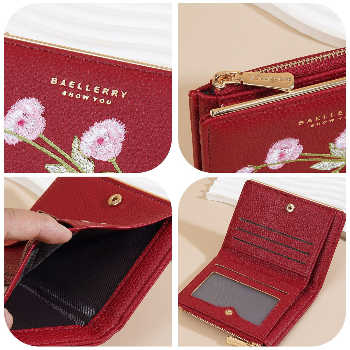 Women's Short Three-dimensional Embroidered Flower Zipper Three-fold High Coin Purses