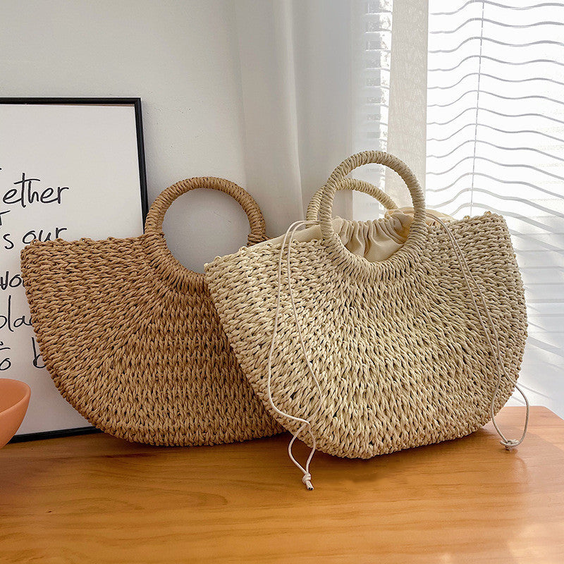 Women's Summer Retro Simple Straw Half Moon Mori Fashion Rattan Crescent Handbags