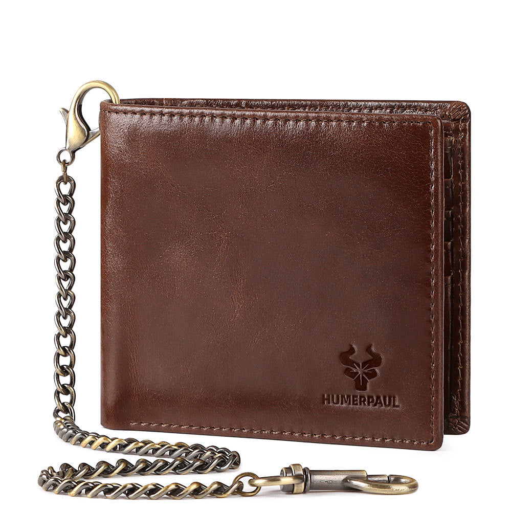 First Layer Cowhide Metal Chain Simple Short Men's Wallets