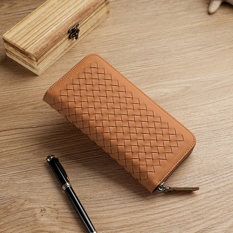 Women's Handmade Woven Leather Long Large Capacity Pocket Ladies Wallet