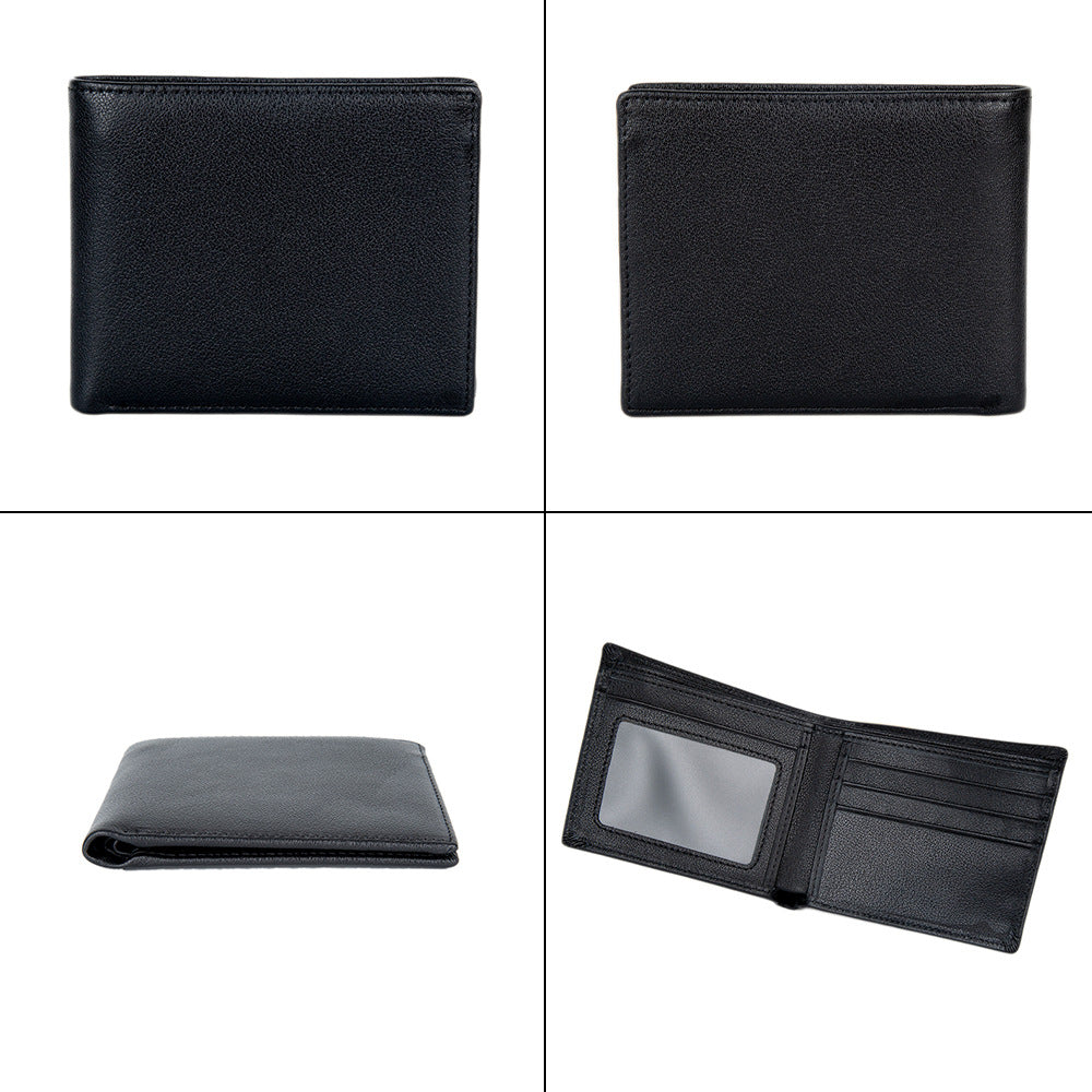 Men's Short Genuine Leather Horizontal Classic Black First Layer Cowhide Men's Wallet