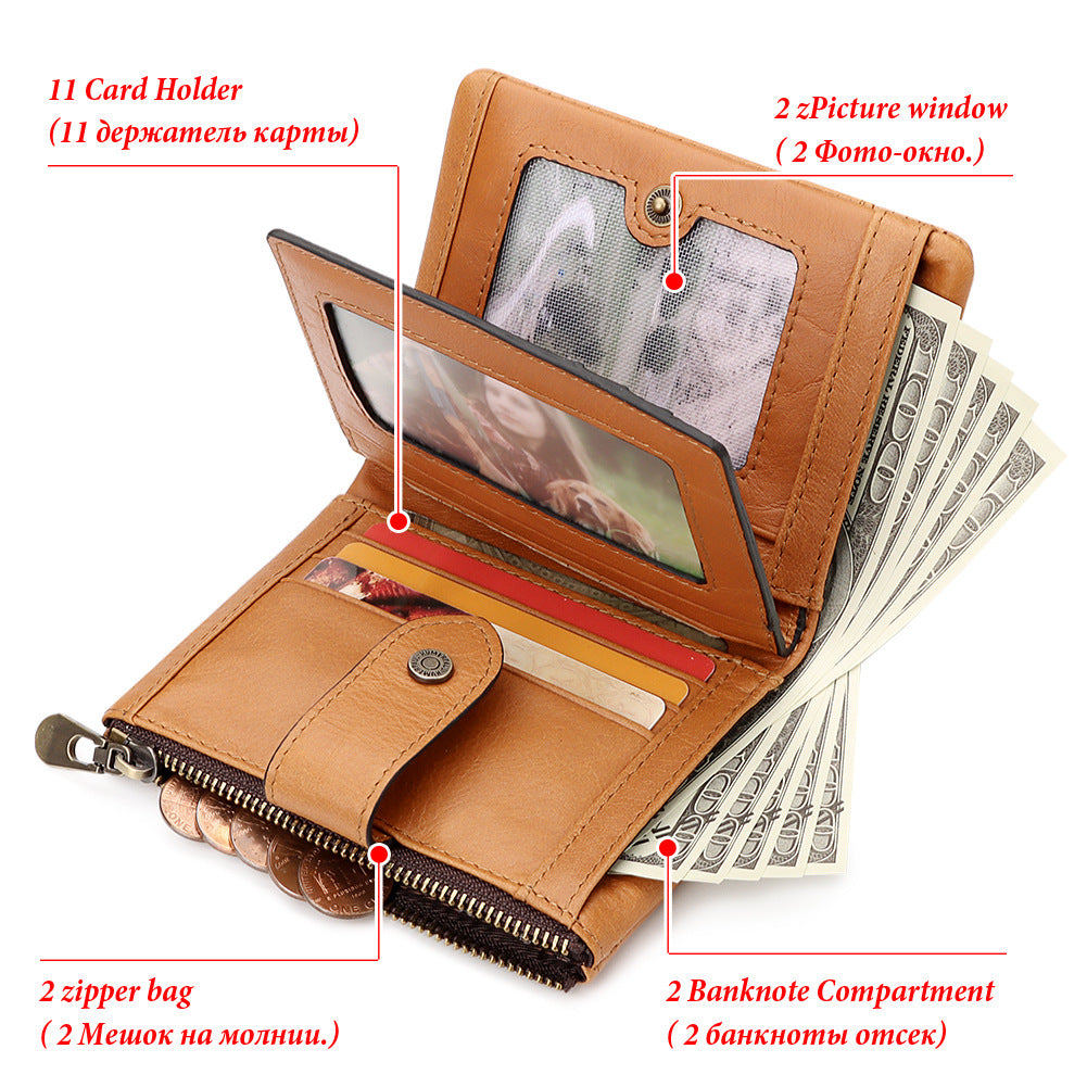 First Layer Cowhide Zipper Multiple Slots Pocket Men's Wallets