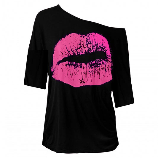 Women's Nostalgic Big Lip Printings Generation Shoulder Blouses