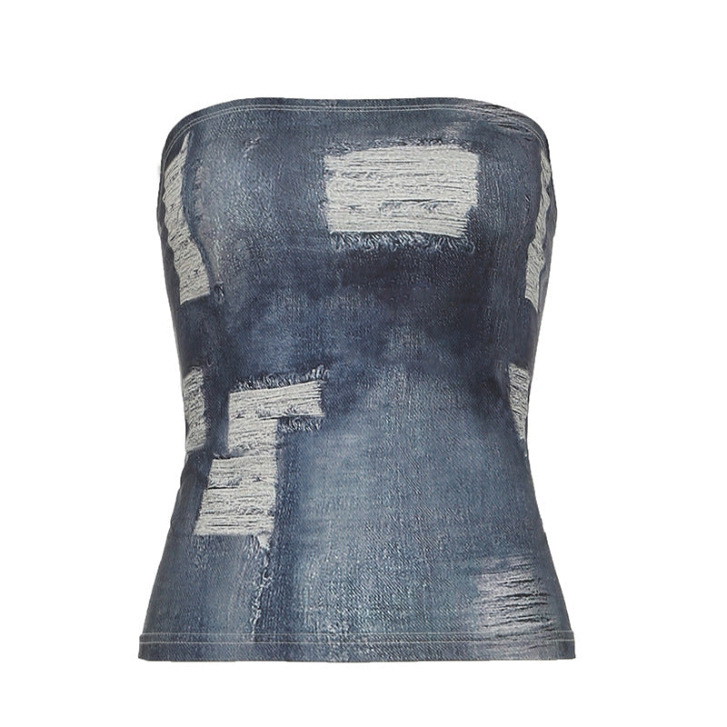 Fashion Imitation Denim Broken Printed Tube Tops