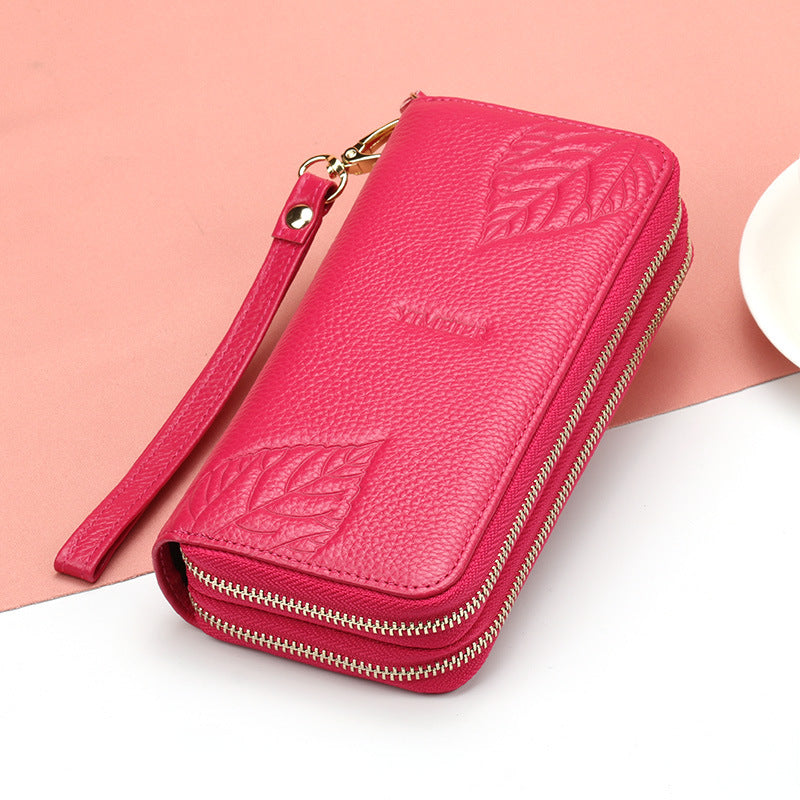 Women's Layer Cowhide Long Double Zipper Large Ladies Wallets