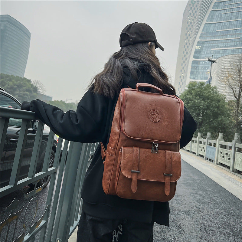 Men's Korean Style Campus Large Capacity Soft Leather Backpacks