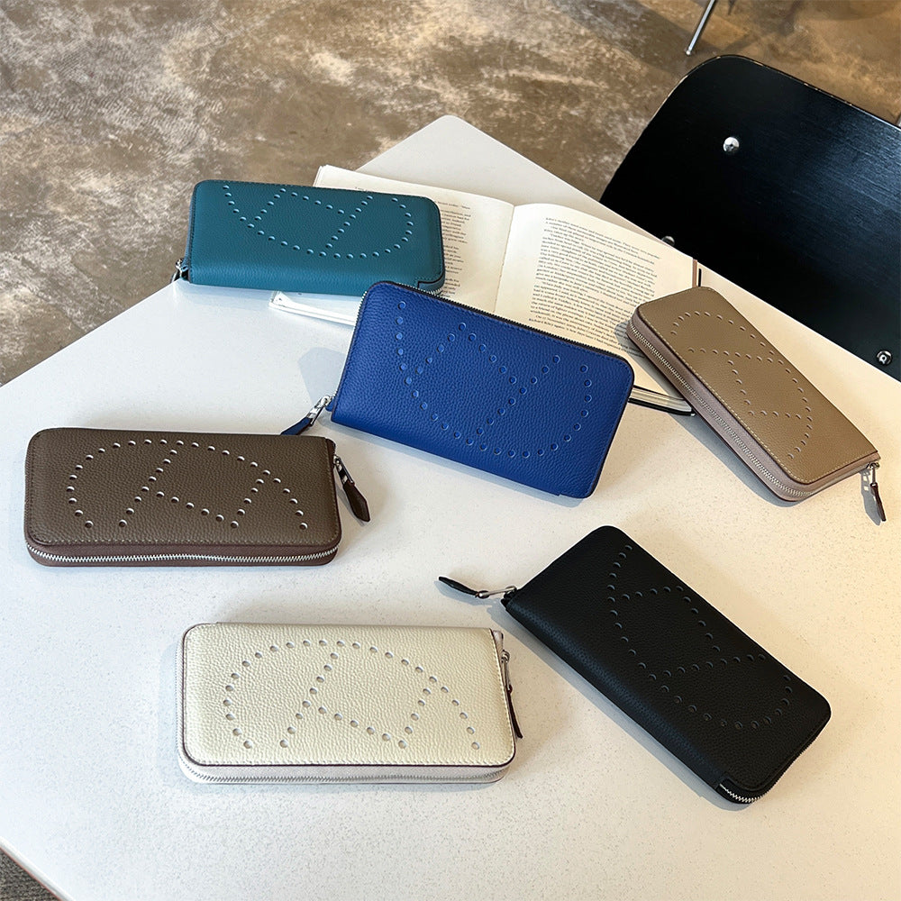 Women's First Layer Cowhide Long Fashion Zipper Genuine Purses