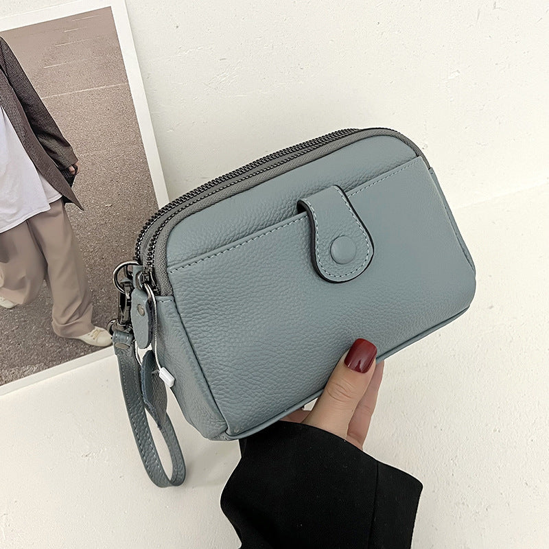 Women's Top Layer Cattlehide Leather Fashion Double Zipper Clutch Leisure Women's Shoulder Bag