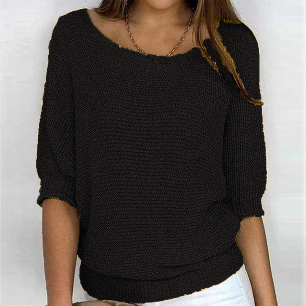 Women's Spring Solid Color Round Neck Commuter Elegant Cropped Sleeves Knitwear