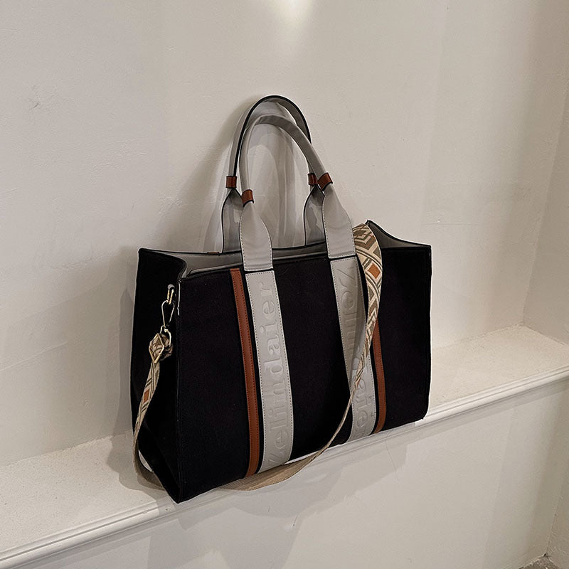 Women's Canvas Contrast Color Large Capacity Fashionable Tote Bags