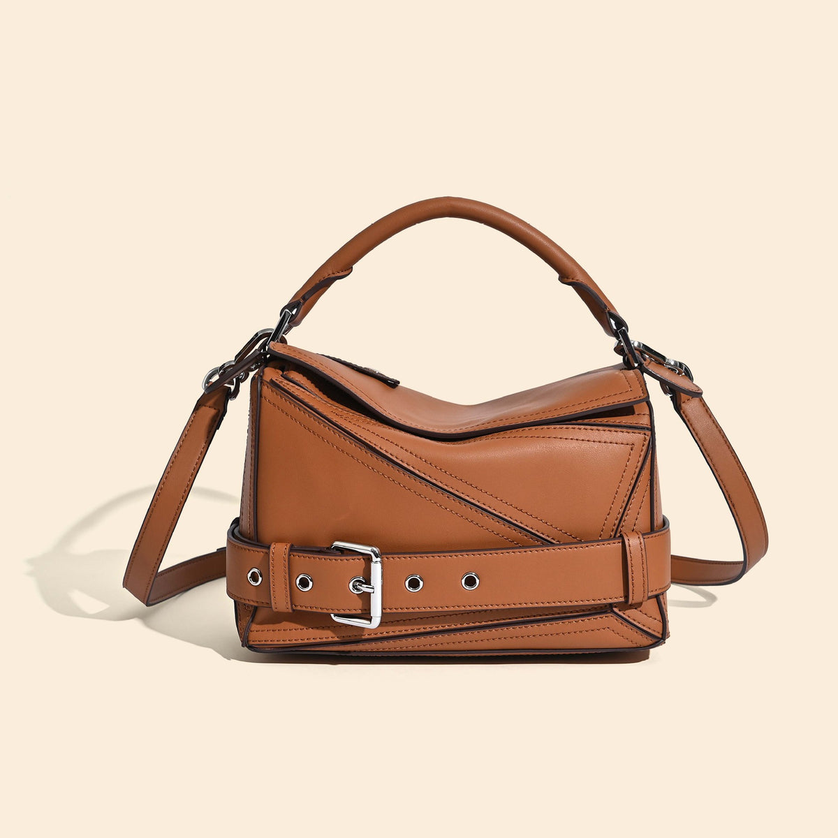 Women's Autumn First Layer Cowhide Geometric Motorcycle Genuine Leather Large Women's Handbag