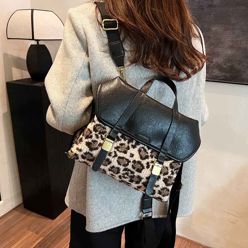 Women's Niche Leopard Print Furry Retro Backpacks